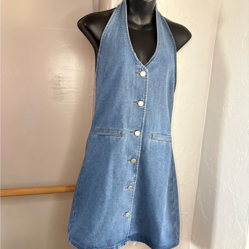 Sincerely Jules NWT Light Blue Denim Halter backless Mini Dress sz M button down - Picture 5 of 8